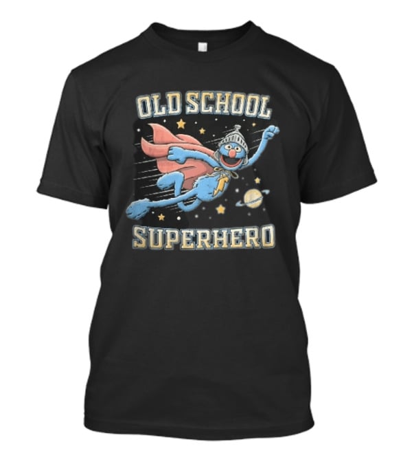 Old School Superhero Distressed Cartoon Super Grover Flying Outer Space Stars Planet T-Shirt
