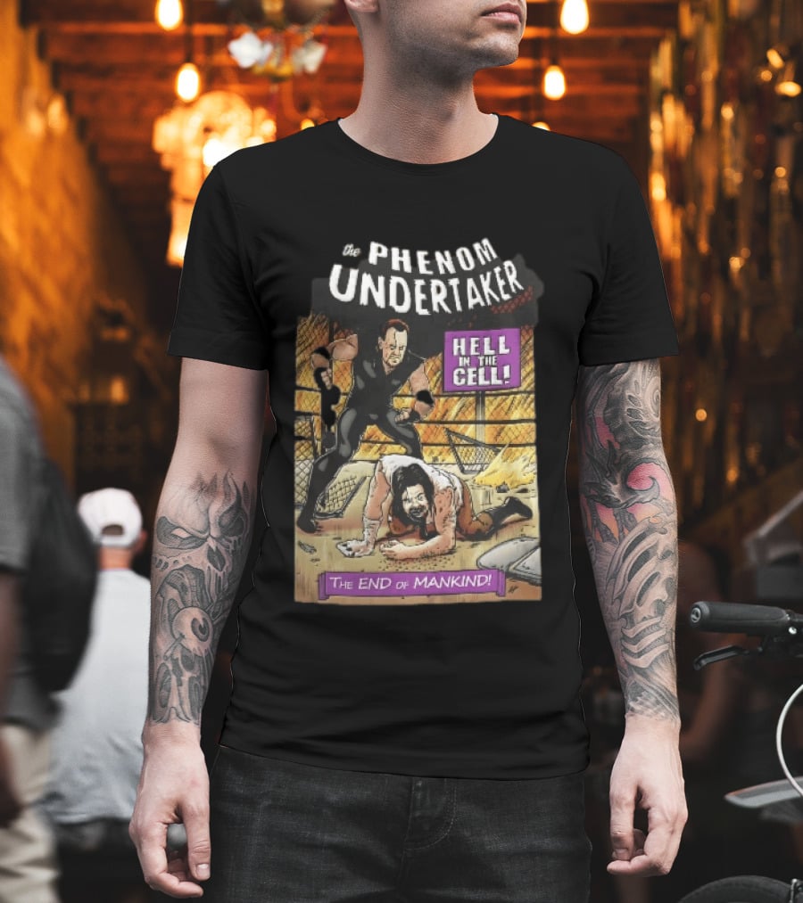 The Phenom Undertaker Hell In The Cell End Of Mankind Cartoon Wrestler Standing Over Opponent T-Shirt