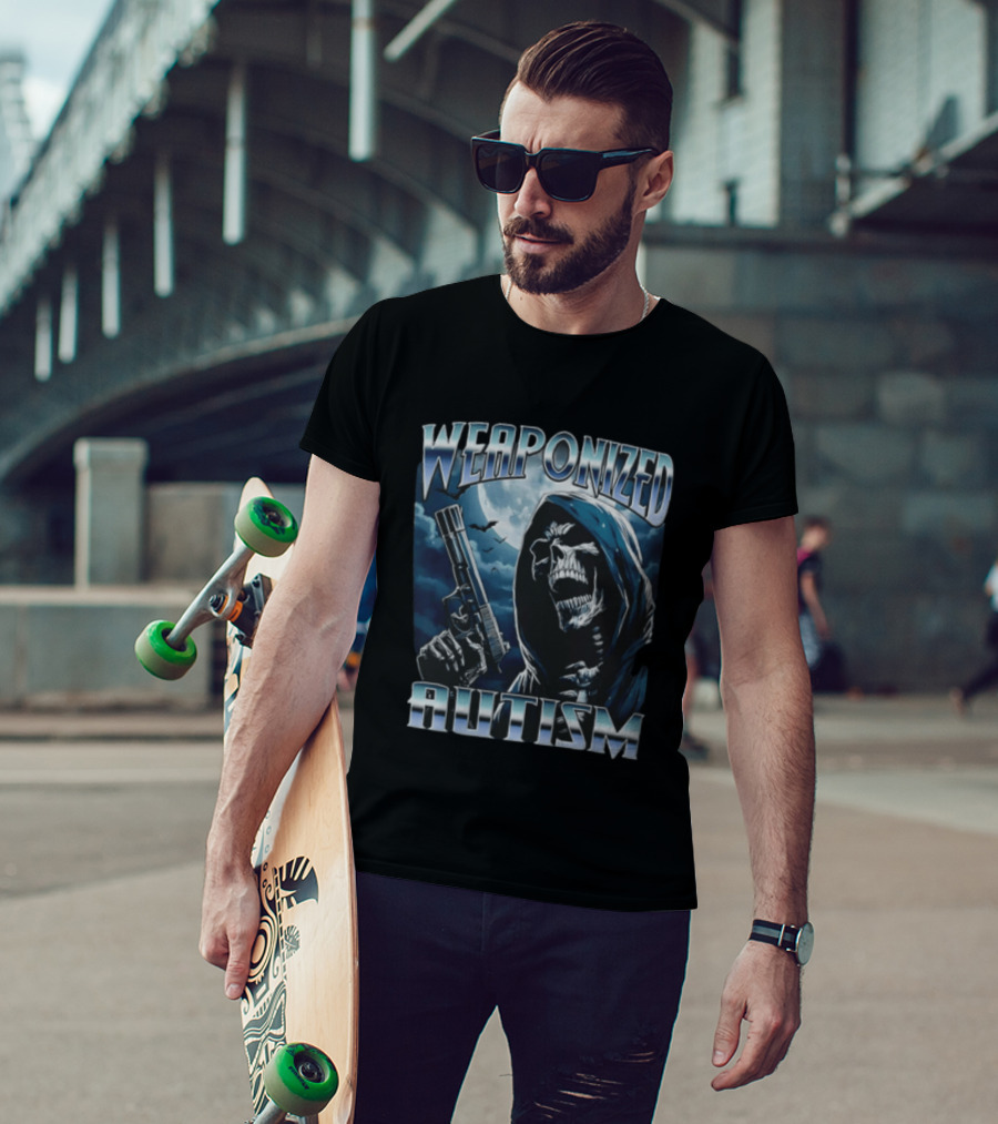 Weaponized Autism Skeleton With Gun Under Moonlight T-Shirt