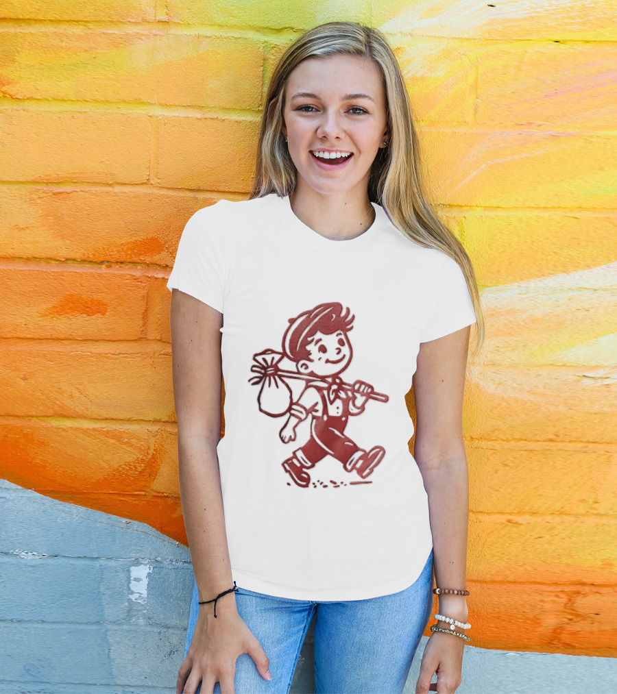 Red Line Cartoon Boy With Bindle Knapsack Stick Drawing T-Shirt
