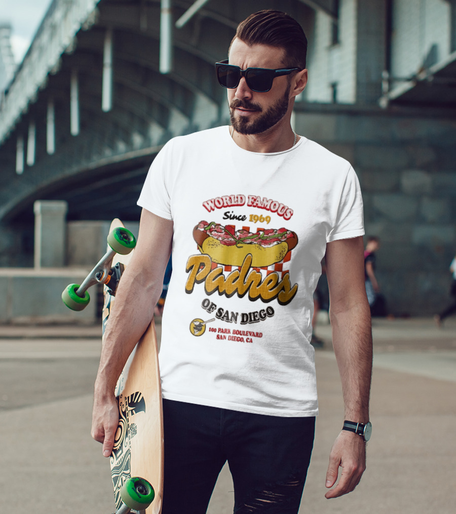 World Famous Padres Of San Diego Since 1969 Halftone Hot Dog 100 Park Boulevard CA T-Shirt