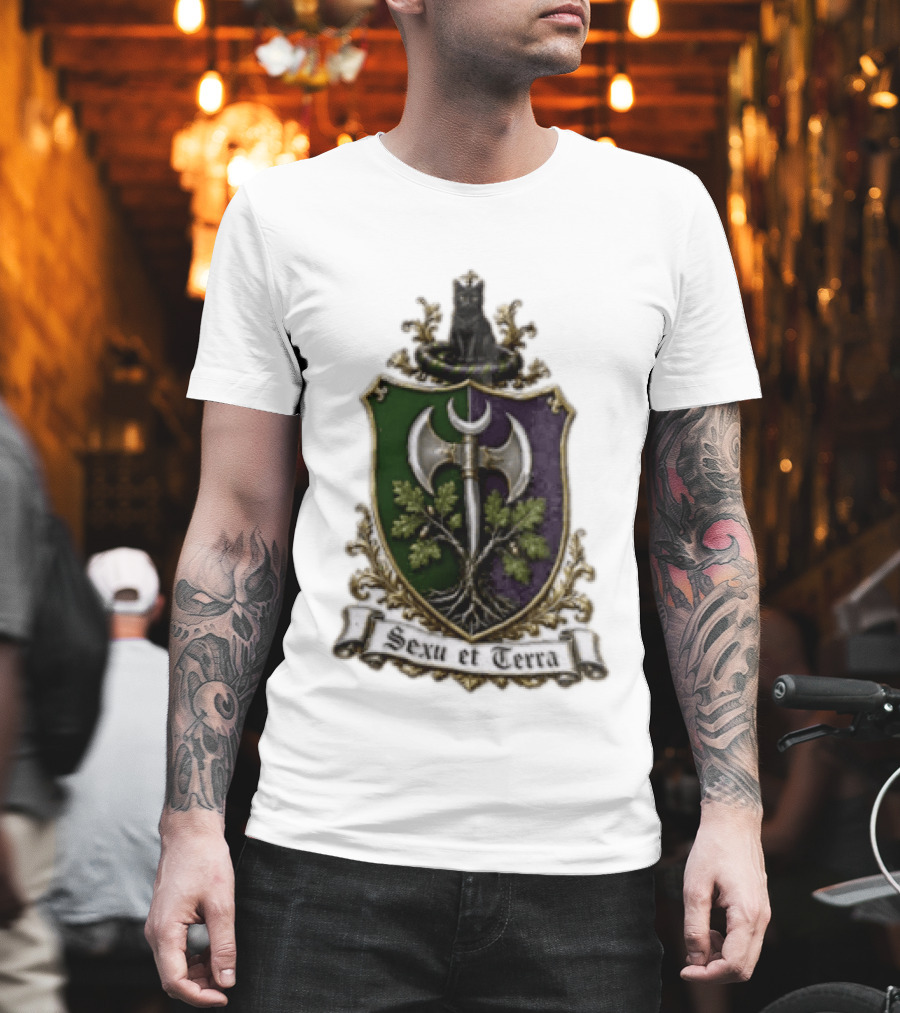 Sexu Et Terra Green Purple Shield Black Cat Axe And Tree Crest T-Shirt