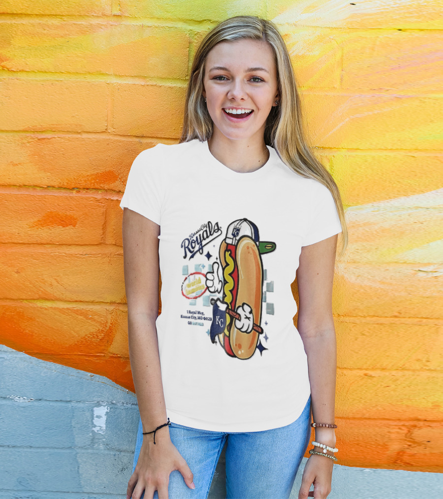 Kansas City Royals World Famous 1 Royal Way Mo 64129 Cartoon Hot Dog KC Cap T-Shirt