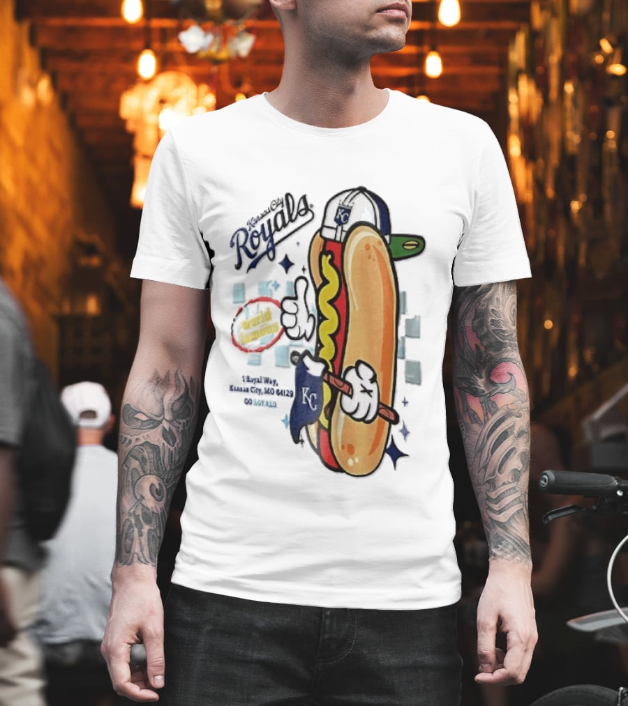 Kansas City Royals World Famous 1 Royal Way Mo 64129 Cartoon Hot Dog KC Cap T-Shirt