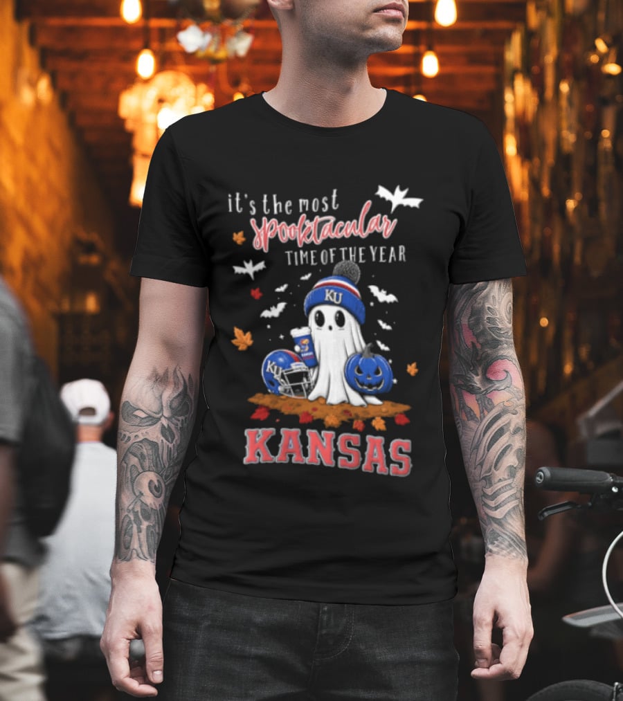 Kansas Jayhawks It's The Most Spooktacular Time Of Year Ghost Beanie Pumpkin T-Shirt