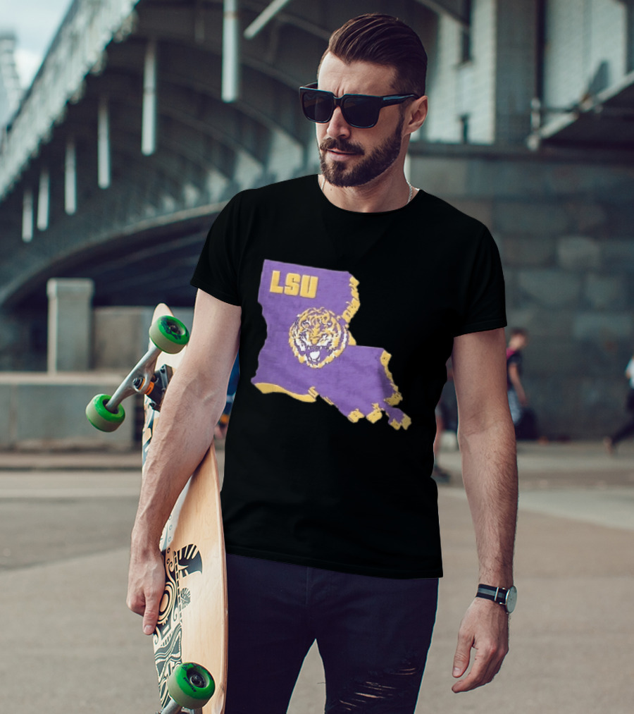 LSU Tigers NCAA Roaring Head Louisiana Map T-Shirt