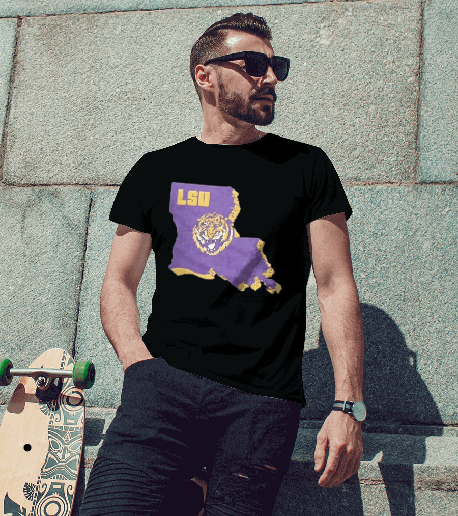LSU Tigers NCAA Roaring Head Louisiana Map T-Shirt
