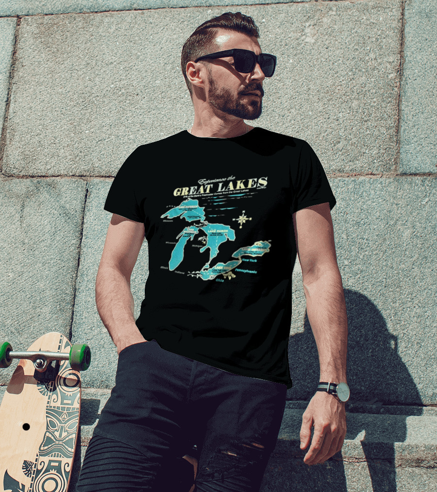 Experience The Great Lakes Map United States Geography Featuring Lake Michigan Superior Huron Erie Ontario T-Shirt