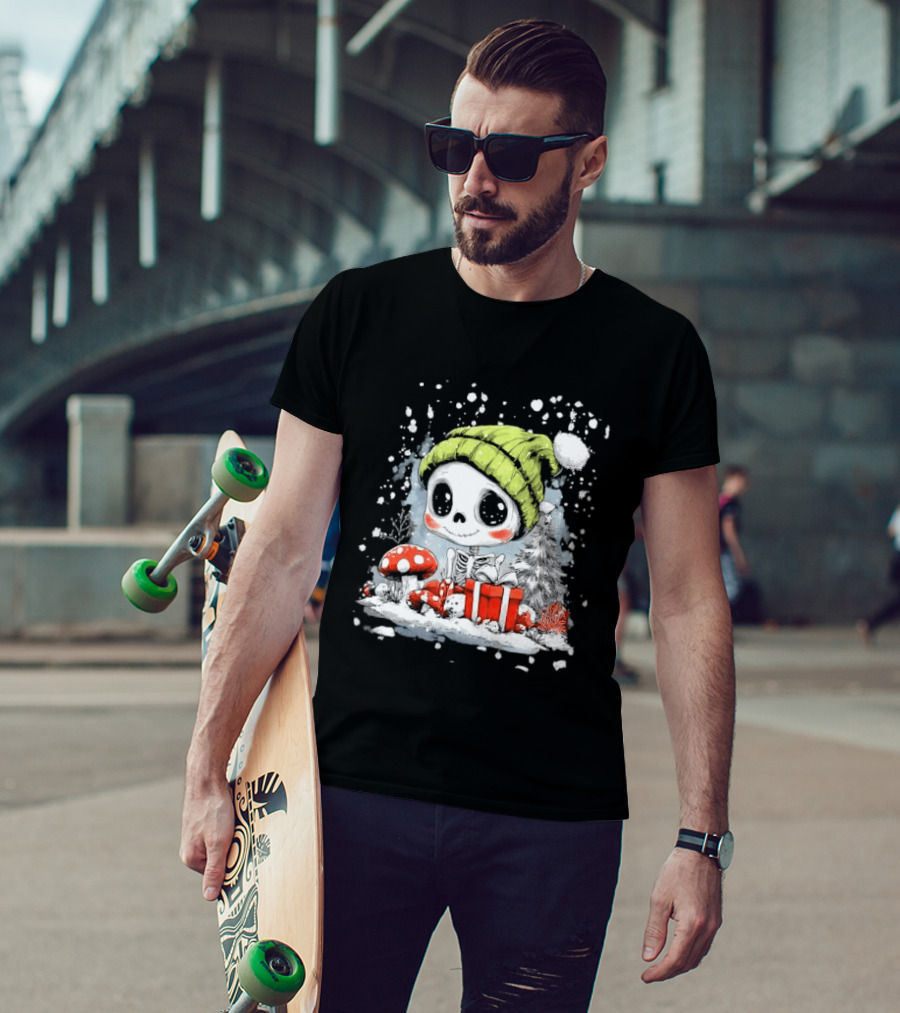 Skeleton In Green Beanie Hat With Mushroom And Christmas Present T-Shirt