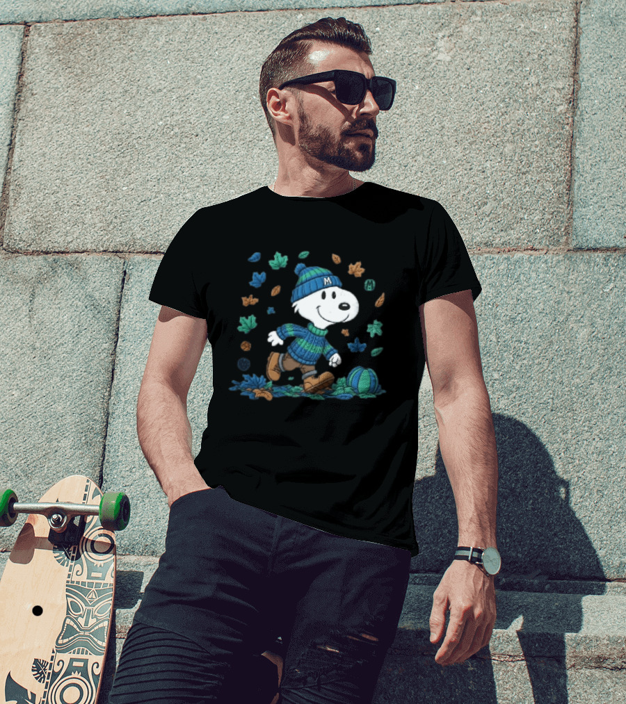 Snoopy Walking Autumn Leaves Blue Green Beanie Pumpkin T-Shirt