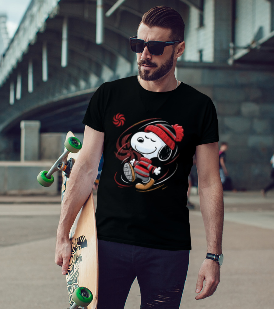 Snoopy Walking Red Black Striped Beanie Swirl Cartoon T-Shirt