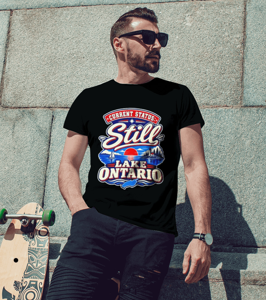 Current Status Still Lake Ontario Sunset Sailboat Lighthouse Scene T-Shirt