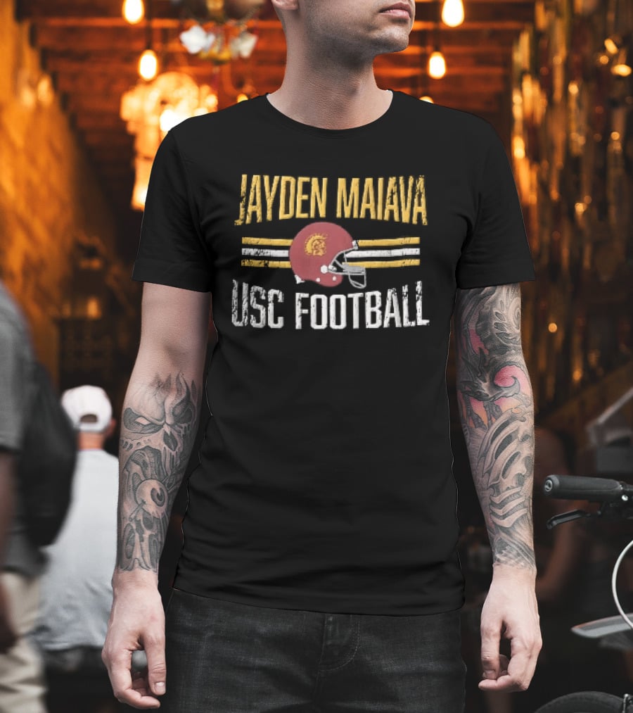 Jayden Maiava USC Football Distressed Helmet Yellow Stripes T-Shirt