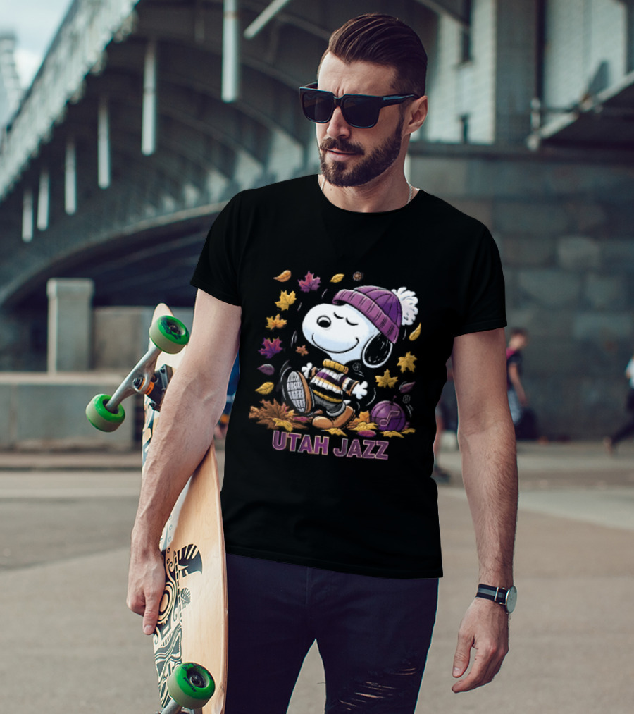 Utah Jazz Snoopy Cartoon Walking In Autumn Leaves Purple Beanie Basketball T-Shirt