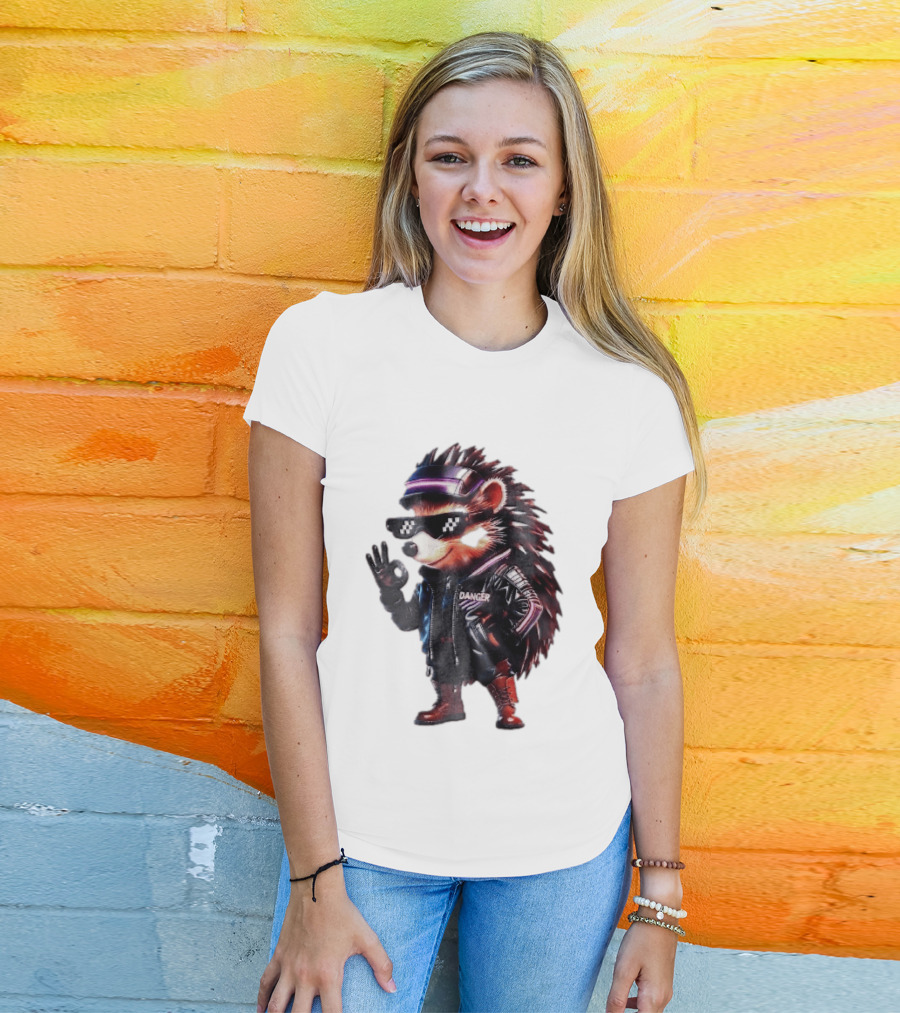 Danger Hedgehog Pixel Sunglasses Leather Jacket T-Shirt