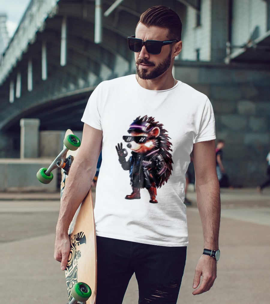 Danger Hedgehog Pixel Sunglasses Leather Jacket T-Shirt