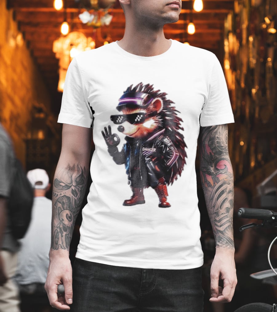 Danger Hedgehog Pixel Sunglasses Leather Jacket T-Shirt