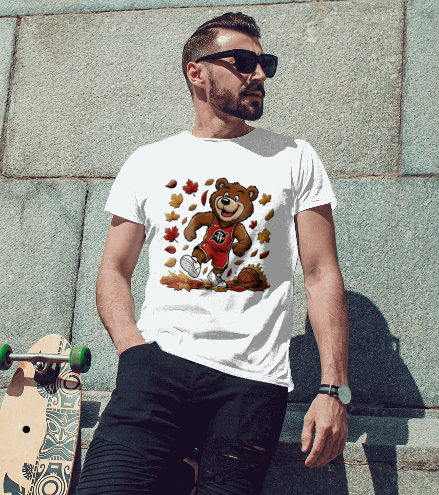 Houston Rockets Clutch The Bear Running With Basketball And Autumn Leaves T-Shirt