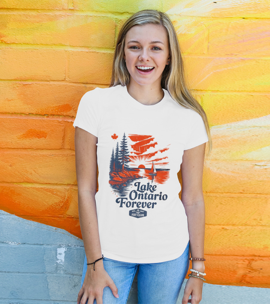 Lake Ontario Forever Sunset Sailboat FDT Club Canada Maple Leaf Scenery T-Shirt