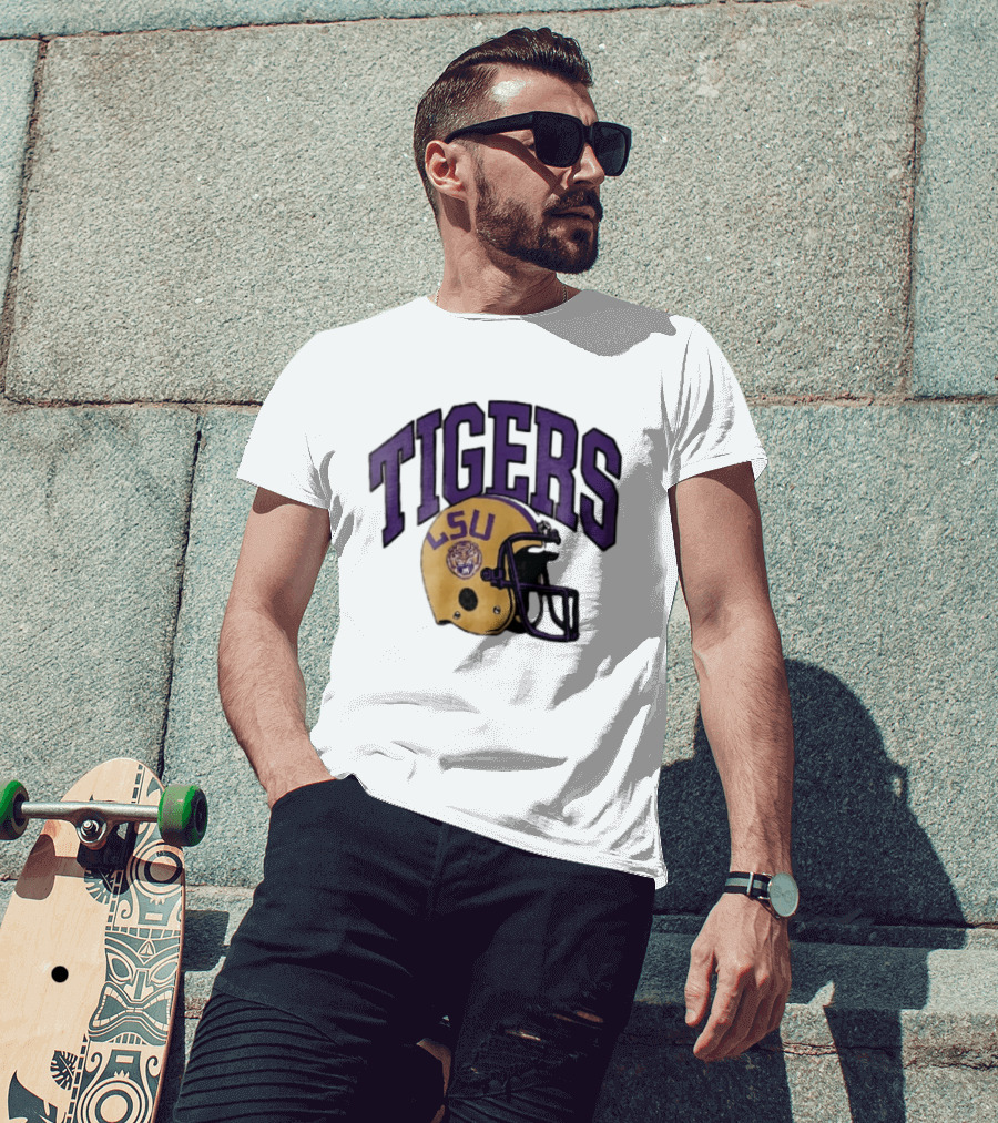 LSU Tigers Yellow Football Helmet Purple Arched Letters NCAA T-Shirt