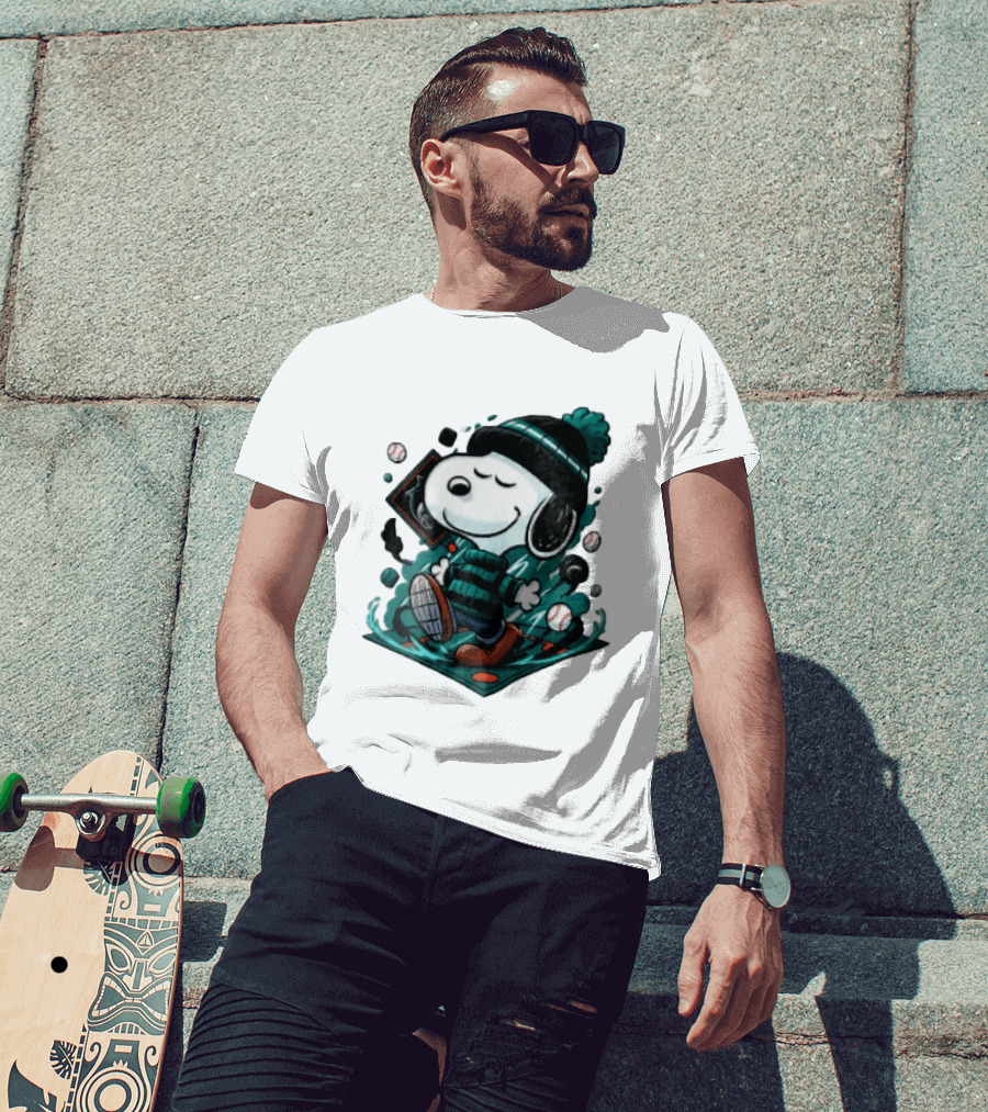 Miami Marlins MLB Snoopy Walking Teal Winter Beanie Striped Baseballs T-Shirt