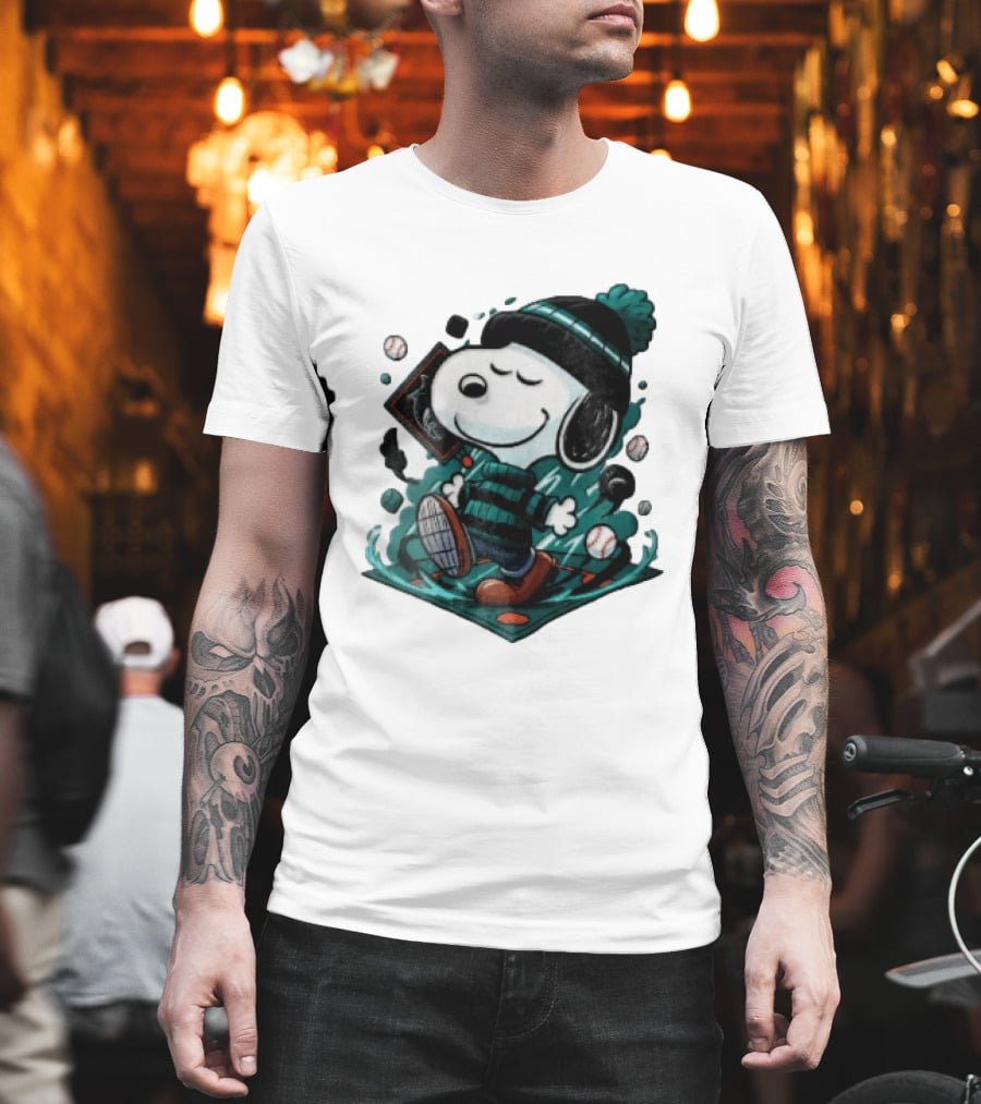 Miami Marlins MLB Snoopy Walking Teal Winter Beanie Striped Baseballs T-Shirt