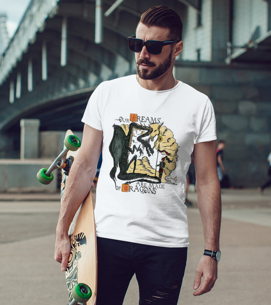 Our Dreams Are Made Of Dragons Artwork Yellow Red Black Fantasy T-Shirt