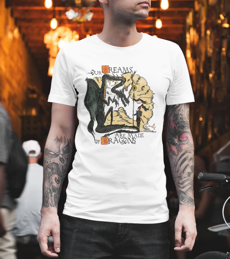 Our Dreams Are Made Of Dragons Artwork Yellow Red Black Fantasy T-Shirt