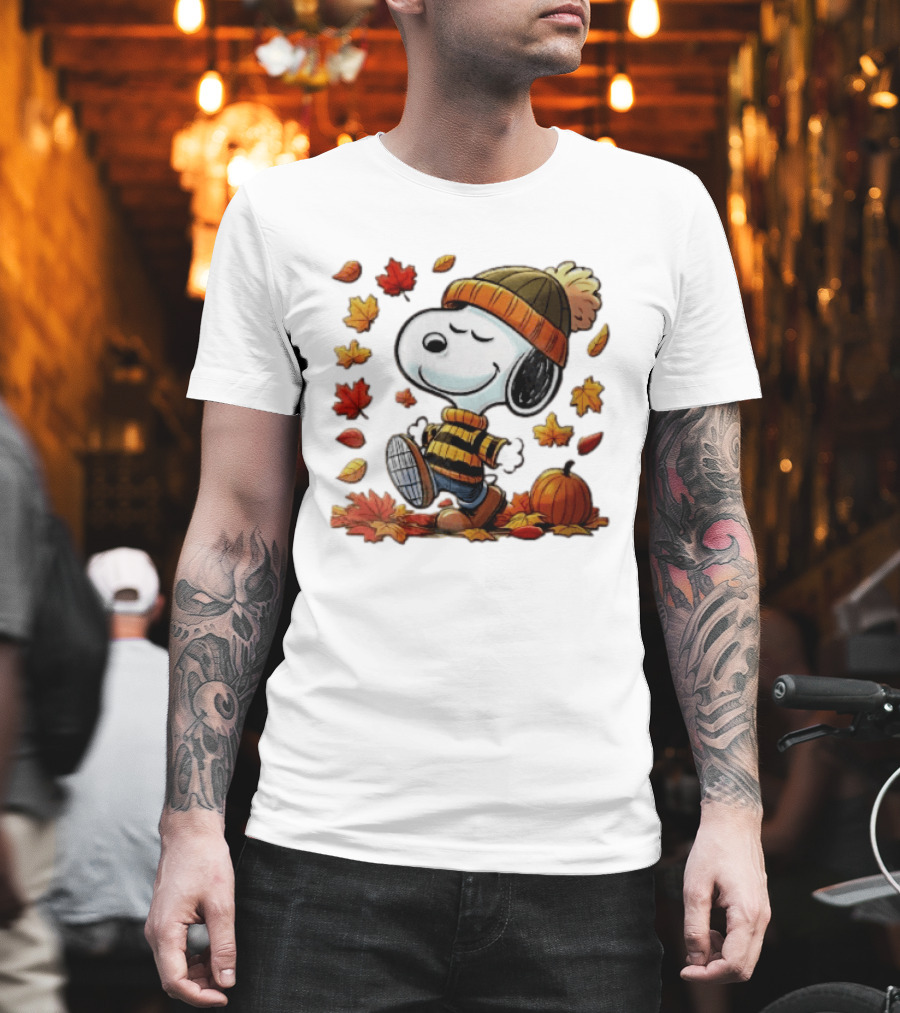 Snoopy Walking In Striped Beanie With Autumn Leaves And Pumpkin T-Shirt