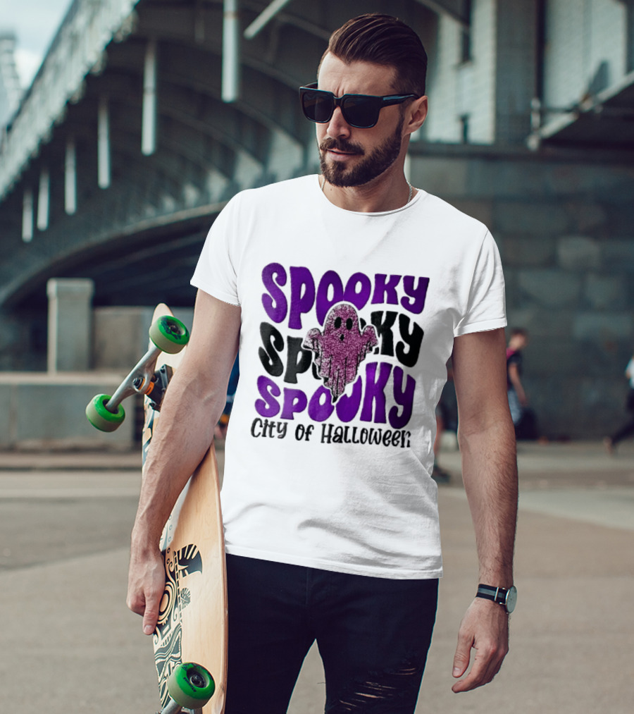 Spooky City Of Halloween Pink Glitter Ghost Retro Groovy T-Shirt