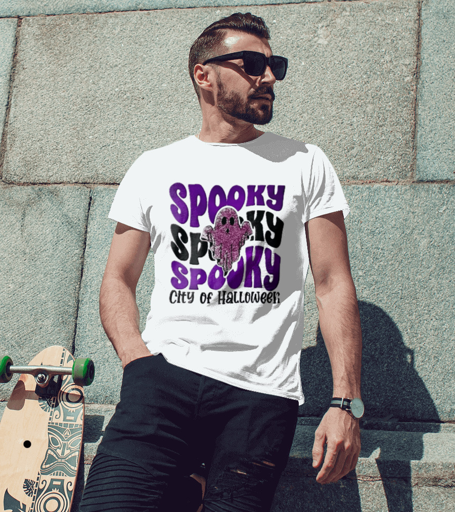 Spooky City Of Halloween Pink Glitter Ghost Retro Groovy T-Shirt
