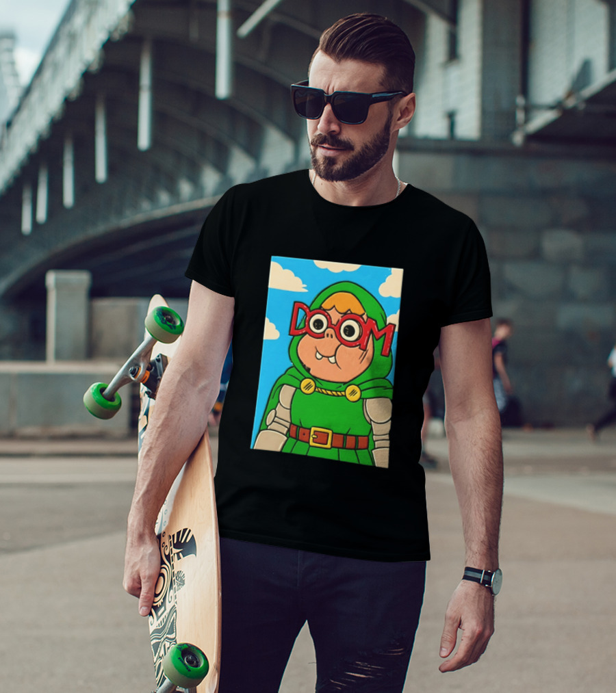 Clarence Doctor Doom Cartoon Crossover DOOM Glasses Green Hood Clouds T-Shirt