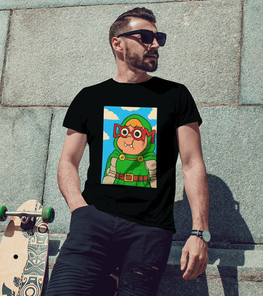 Clarence Doctor Doom Cartoon Crossover DOOM Glasses Green Hood Clouds T-Shirt
