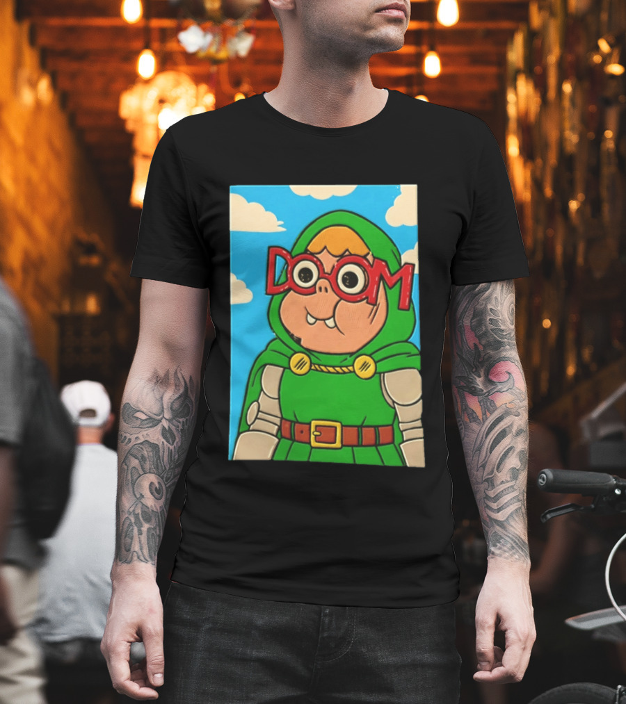 Clarence Doctor Doom Cartoon Crossover DOOM Glasses Green Hood Clouds T-Shirt