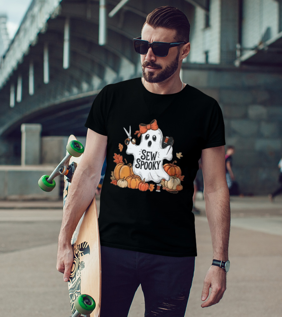 Sew Spooky Ghost With Bow Scissors Pumpkins Autumn Leaves Thread Spools T-Shirt