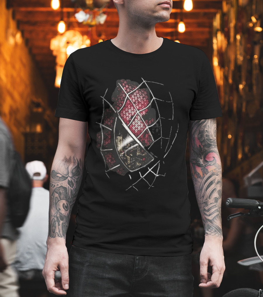 Spider Man Mask With City Skyline Reflection In Night Sketch Lines T-Shirt