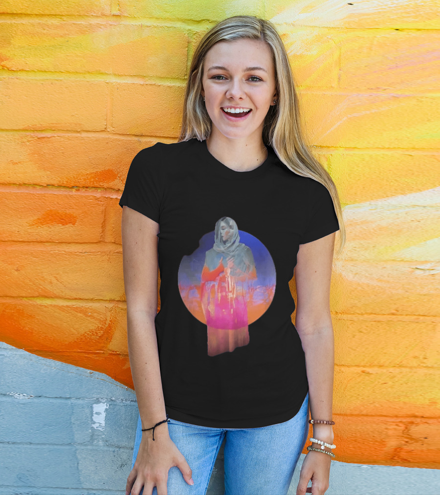 Veiled Hooded Cloak Double Exposure Bare Trees Glowing Sunset Globe T-Shirt