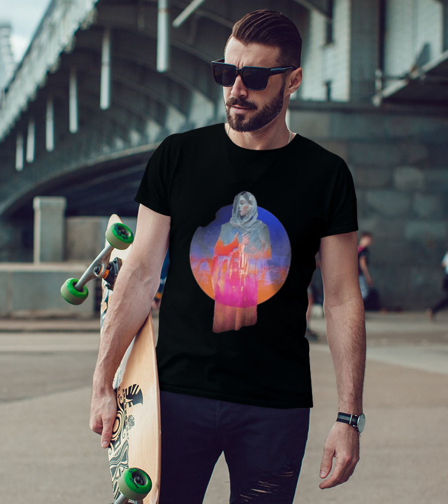 Veiled Hooded Cloak Double Exposure Bare Trees Glowing Sunset Globe T-Shirt