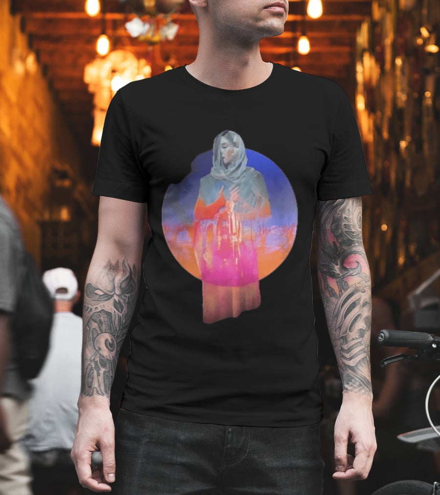 Veiled Hooded Cloak Double Exposure Bare Trees Glowing Sunset Globe T-Shirt