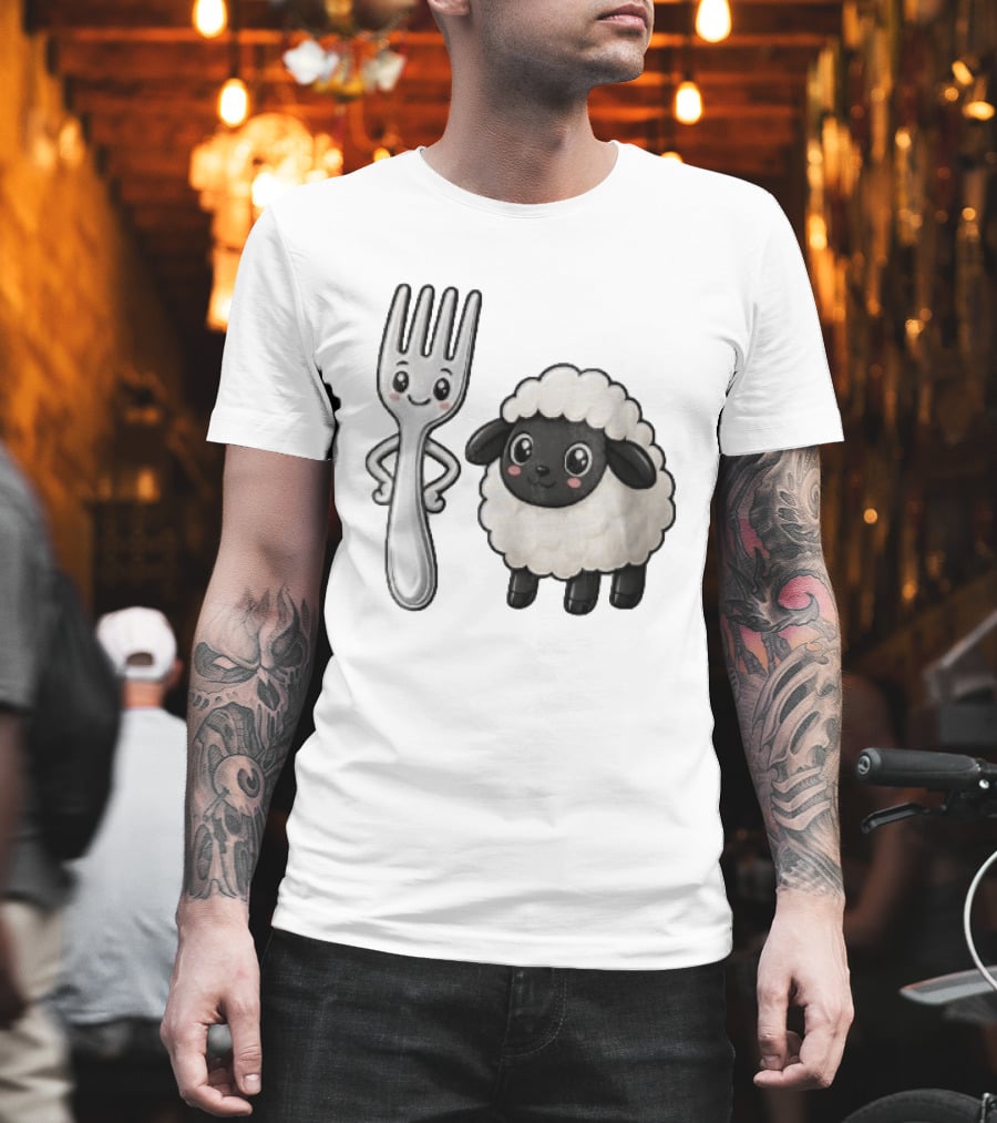 Chibi Style Silver Fork And Cute Black Faced Lamb Cartoon T-Shirt