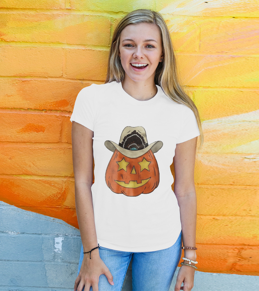 Starry Eyed Jack O Lantern Pumpkin Cowboy Hat Feather T-Shirt