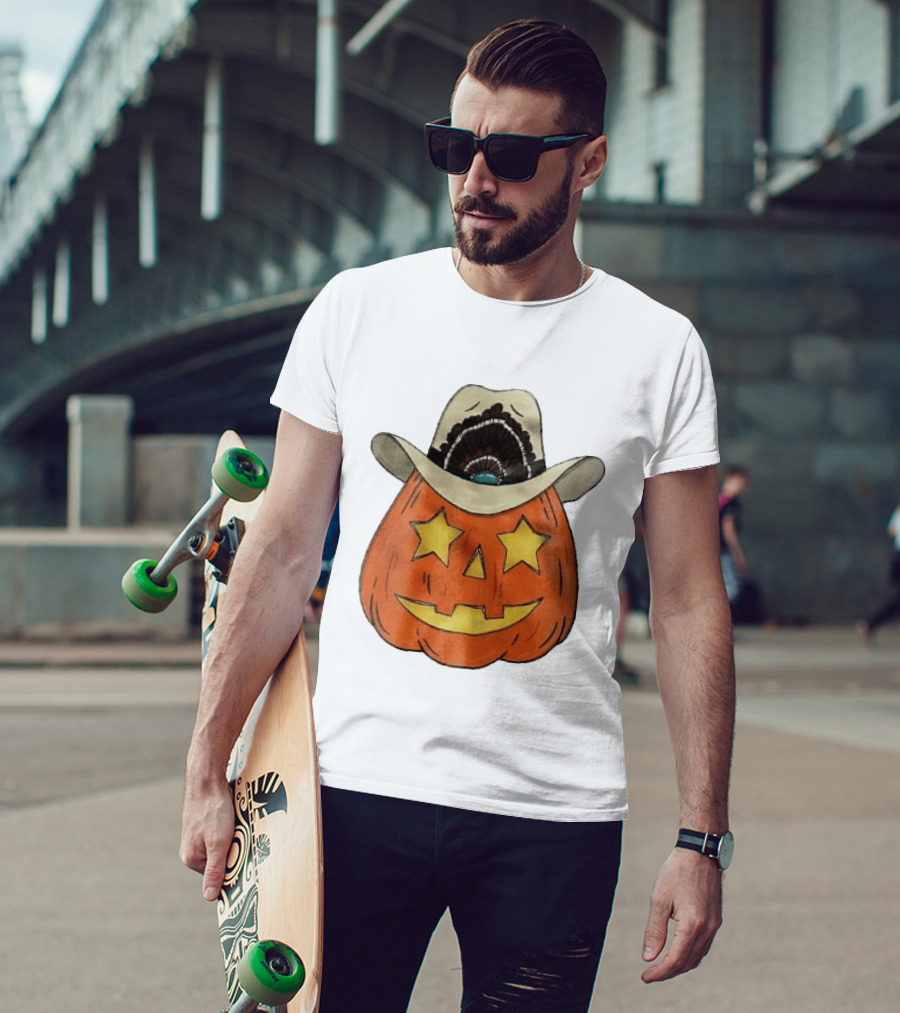 Starry Eyed Jack O Lantern Pumpkin Cowboy Hat Feather T-Shirt