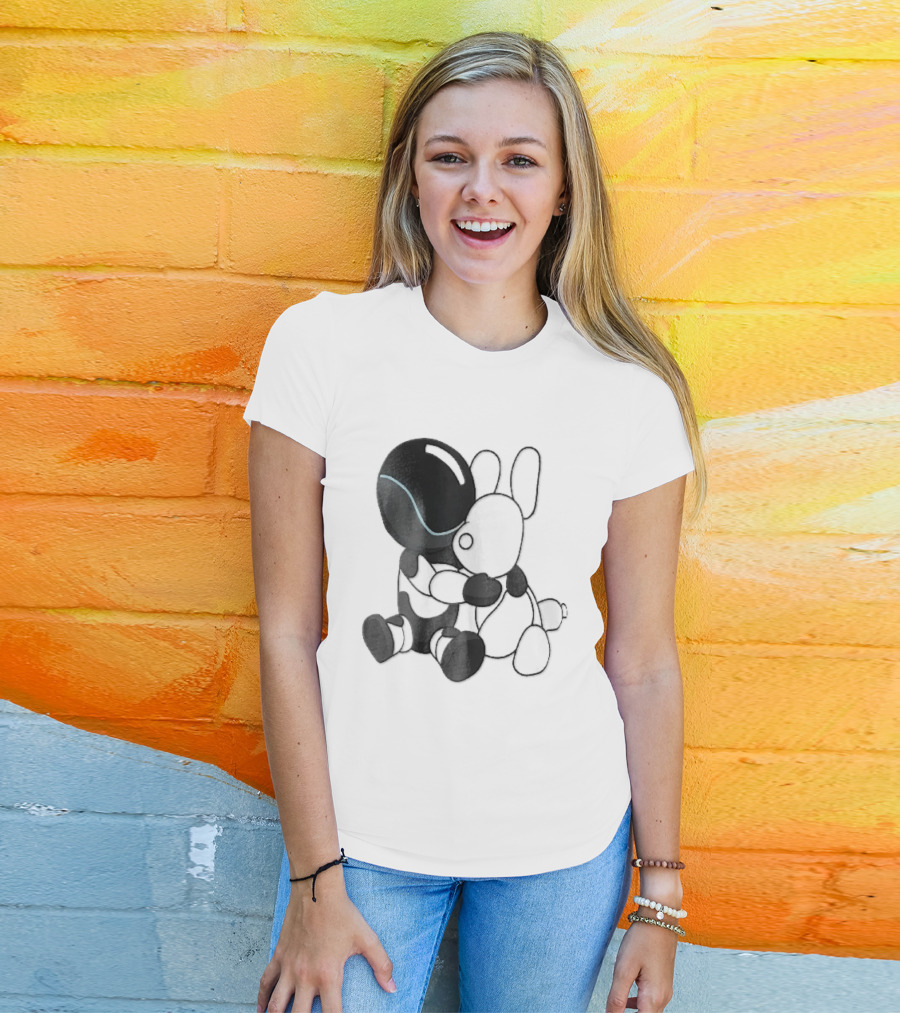 Cartoon Robot Embracing White Bunny Plush Toy T-Shirt