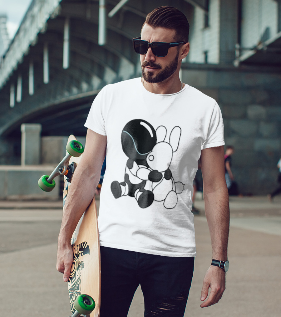 Cartoon Robot Embracing White Bunny Plush Toy T-Shirt