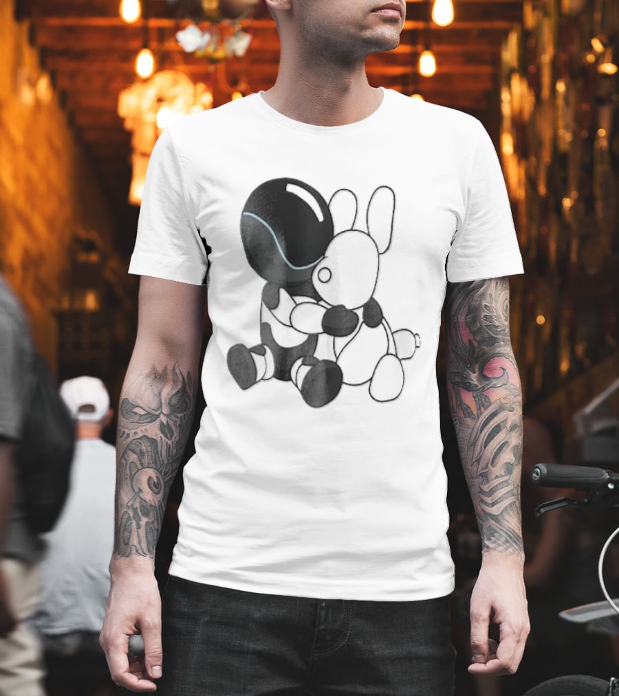 Cartoon Robot Embracing White Bunny Plush Toy T-Shirt