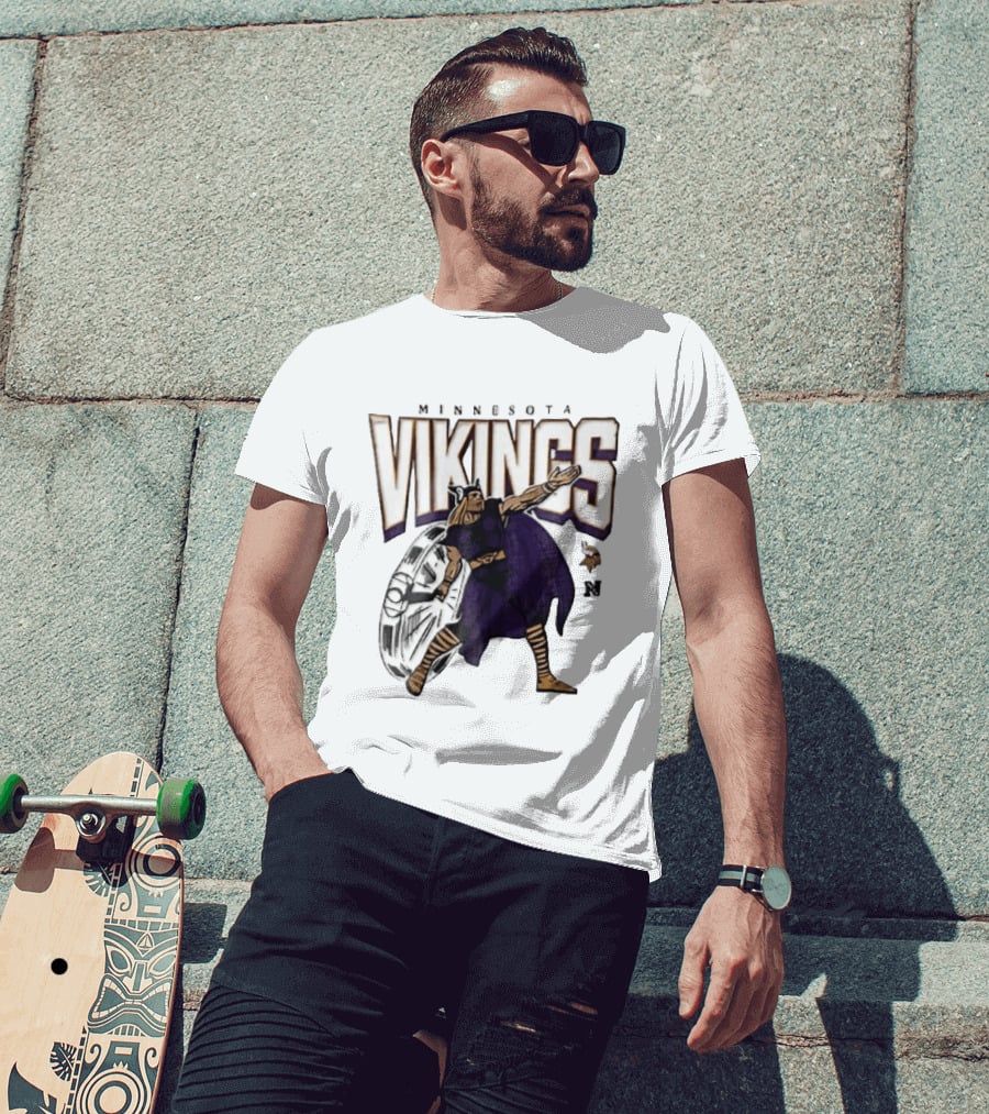 Minnesota Vikings Horned Helmet Warrior With Chrome Shield And Purple Cape T-Shirt