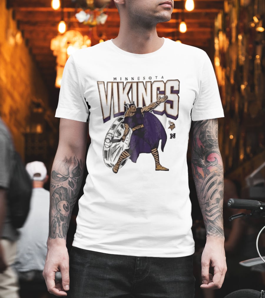 Minnesota Vikings Horned Helmet Warrior With Chrome Shield And Purple Cape T-Shirt