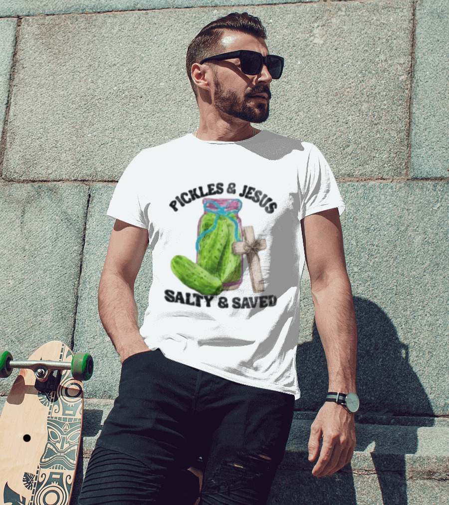 Pickles And Jesus Salty Saved Watercolor Mason Jar Wooden Cross T-Shirt