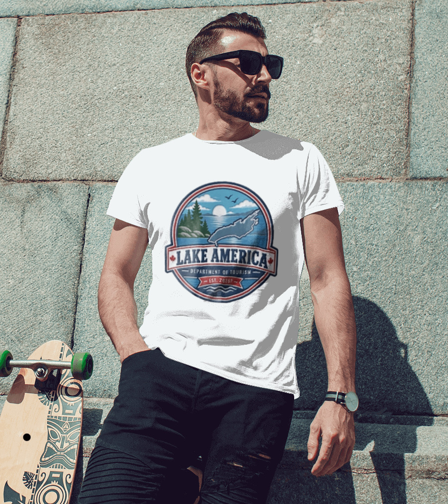Lake America Department Of Tourism Est 2026 Circular Sunrise Pine Trees Scenic Landscape T-Shirt