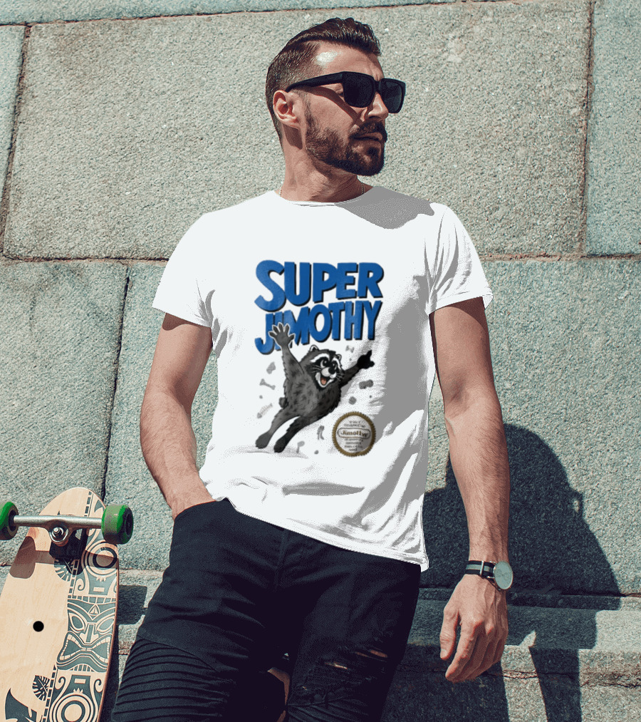 Super Jimothy Cartoon Flying Raccoon Trash Scraps Gold Seal T-Shirt